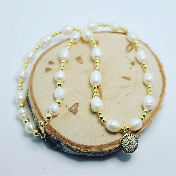 Freshwater Pearl, Zirconia Stainless steel charm necklace - Picture 2 of 4